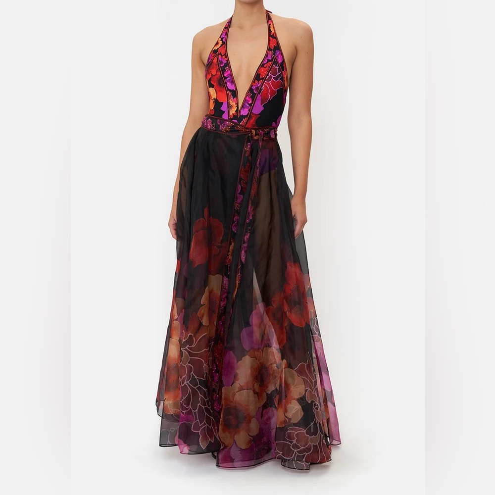 Camilla Black Maxi skirt 
with Red and Purple Accents
